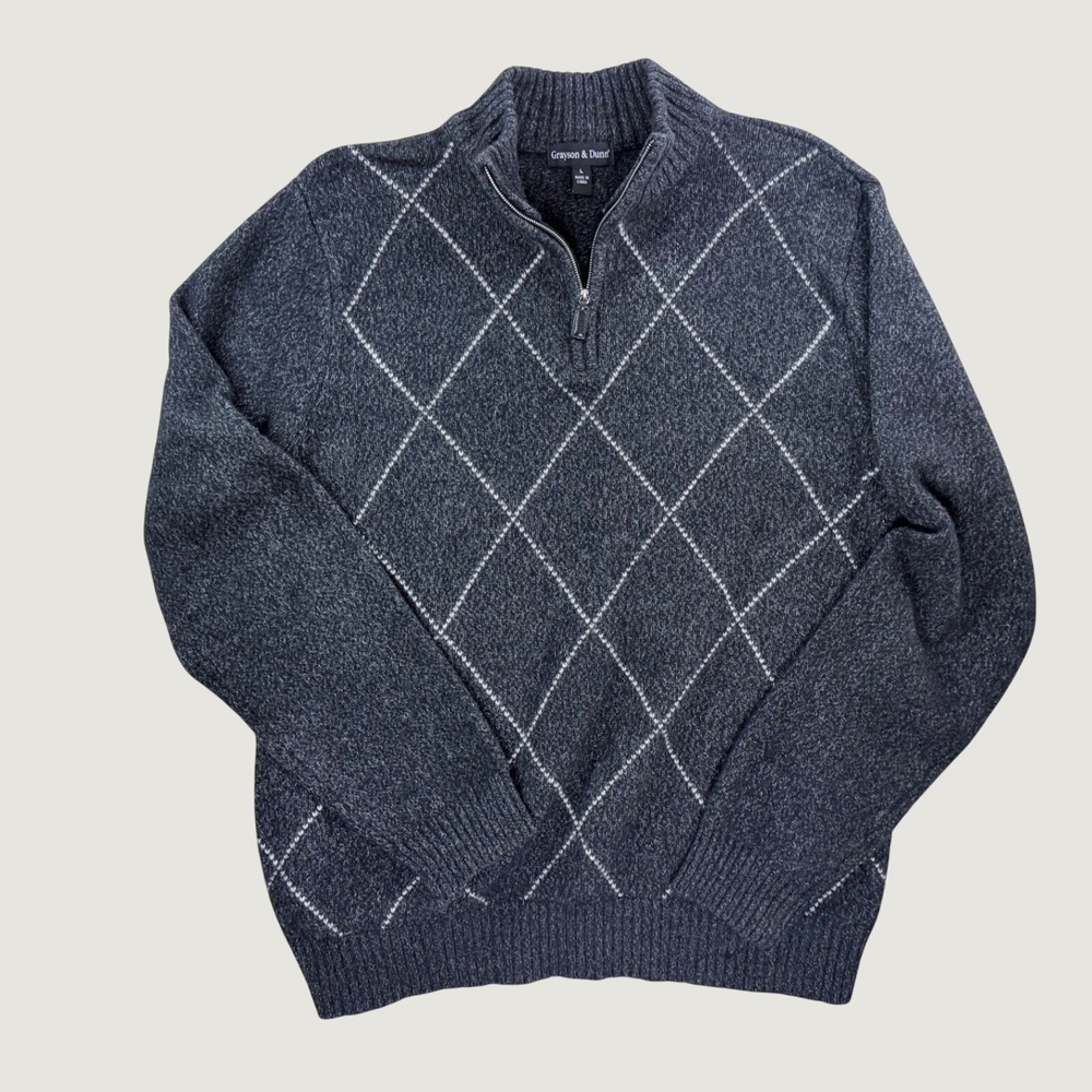 Grayson & Dunn Quarter Zip Sweater Mens L Gray Excellent Argyle Merino Cashmere